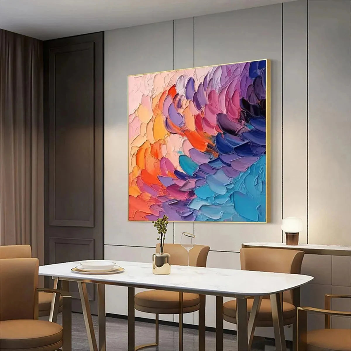 RAINBOW WAVES: Textured Abstract Painting, Impasto Wall Art, Square Canvas, Modern Decor | rolled canvas, ready for custom framing