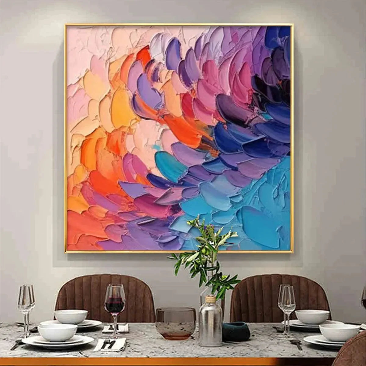 RAINBOW WAVES: Textured Abstract Painting, Impasto Wall Art, Square Canvas, Modern Decor | black frame version on white wall