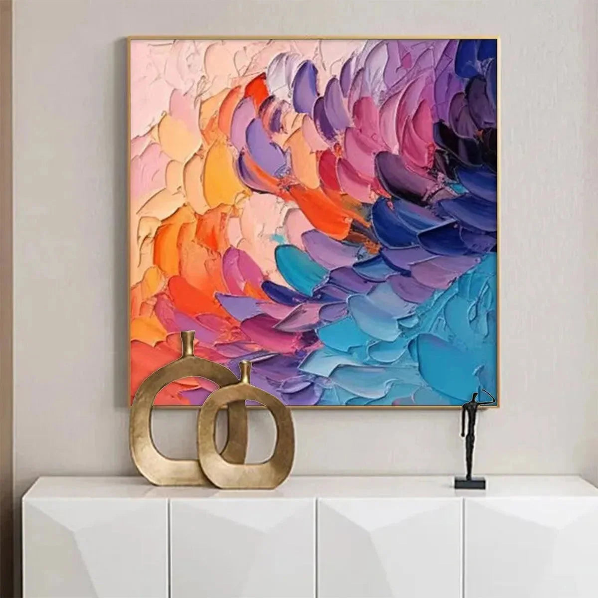RAINBOW WAVES: Textured Abstract Painting, Impasto Wall Art, Square Canvas, Modern Decor | Abstract mood, soft natural light studio shot