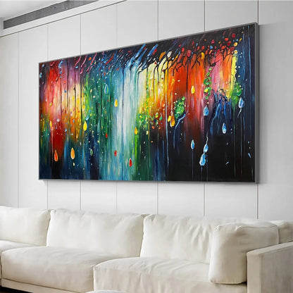 RAINFOREST MELODY: Abstract Painting, Colorful Waterfall, Living Room, Dining Room, Office | gold frame stretched on neutral wall