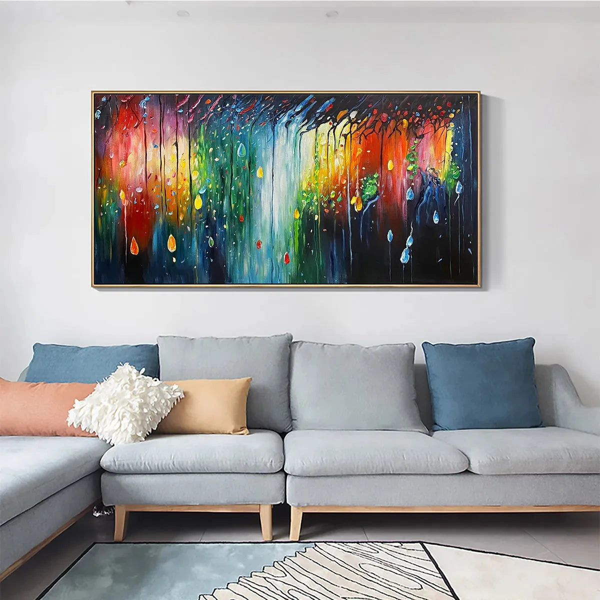RAINFOREST MELODY: Abstract Painting, Colorful Waterfall, Living Room, Dining Room, Office | black frame version on white wall