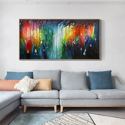 RAINFOREST MELODY: Abstract Painting, Colorful Waterfall, Living Room, Dining Room, Office | black frame version on white wall