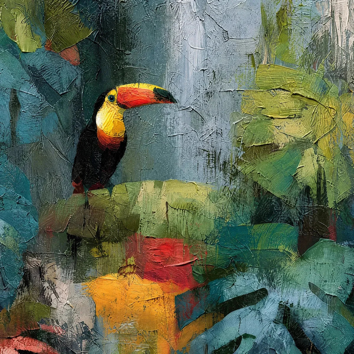 RAINFOREST RHYTHM: Vibrant Textured Toucan & Jungle Painting | rectangular format, hand-painted canvas edge