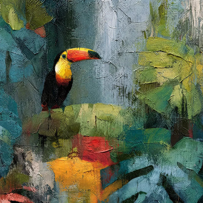 RAINFOREST RHYTHM: Vibrant Textured Toucan & Jungle Painting | rectangular format, hand-painted canvas edge