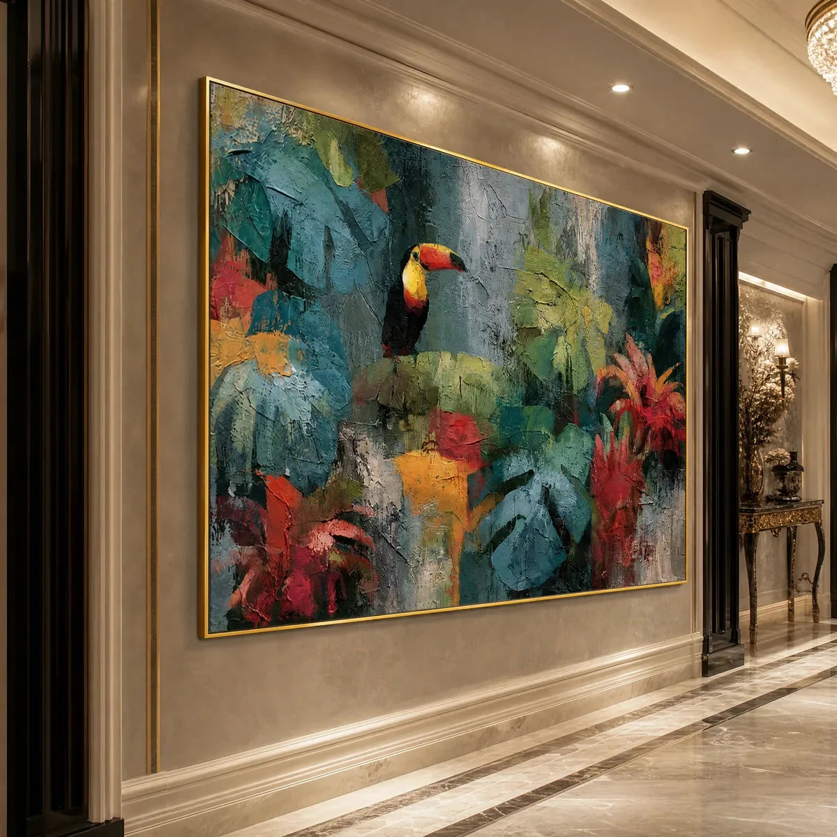 RAINFOREST RHYTHM: Vibrant Textured Toucan & Jungle Painting | gold frame stretched on neutral wall