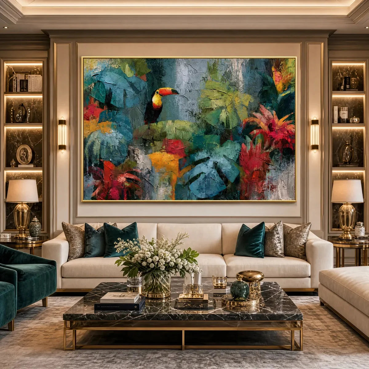 RAINFOREST RHYTHM: Vibrant Textured Toucan & Jungle Painting | rolled canvas, ready for custom framing