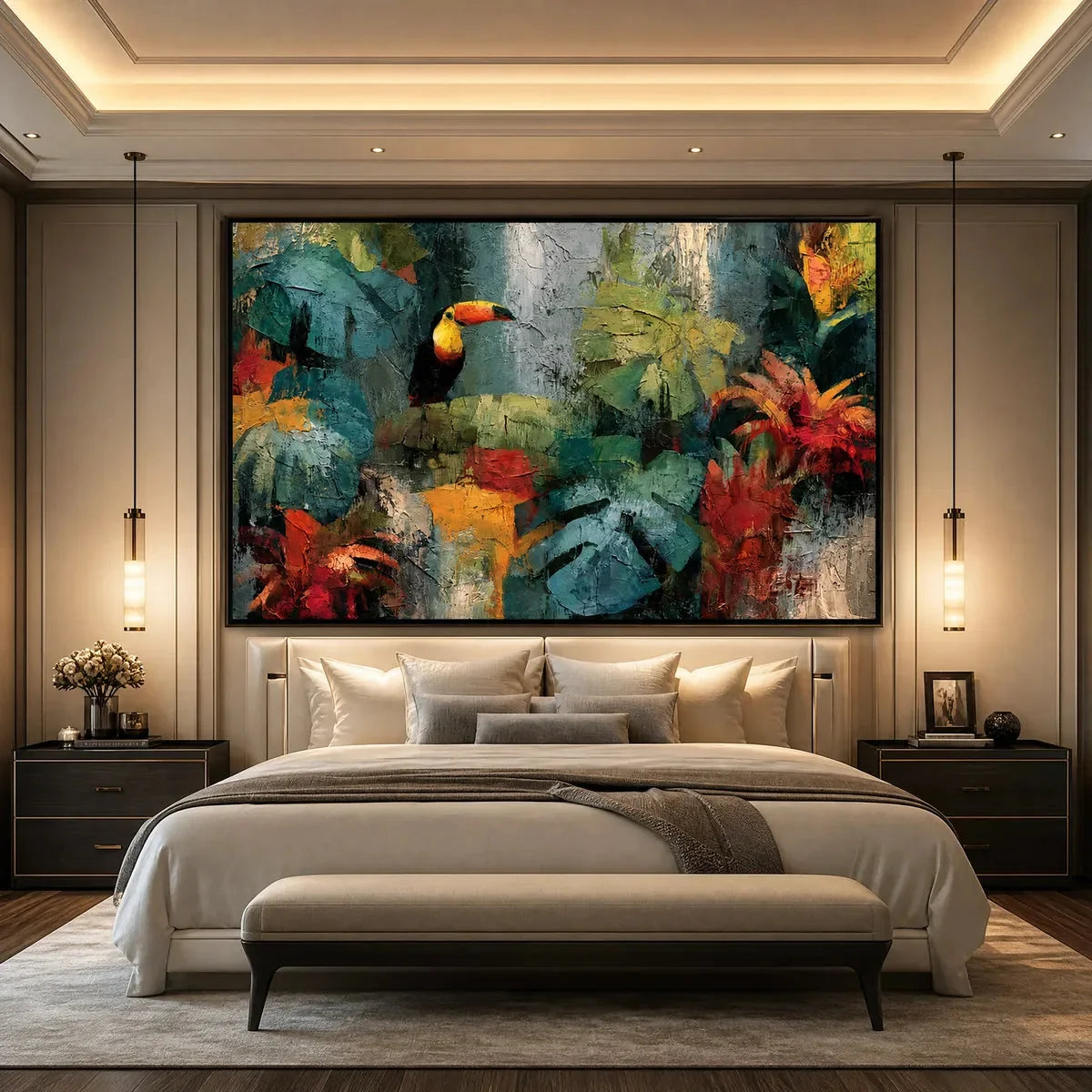 RAINFOREST RHYTHM: Vibrant Textured Toucan & Jungle Painting | black frame version on white wall