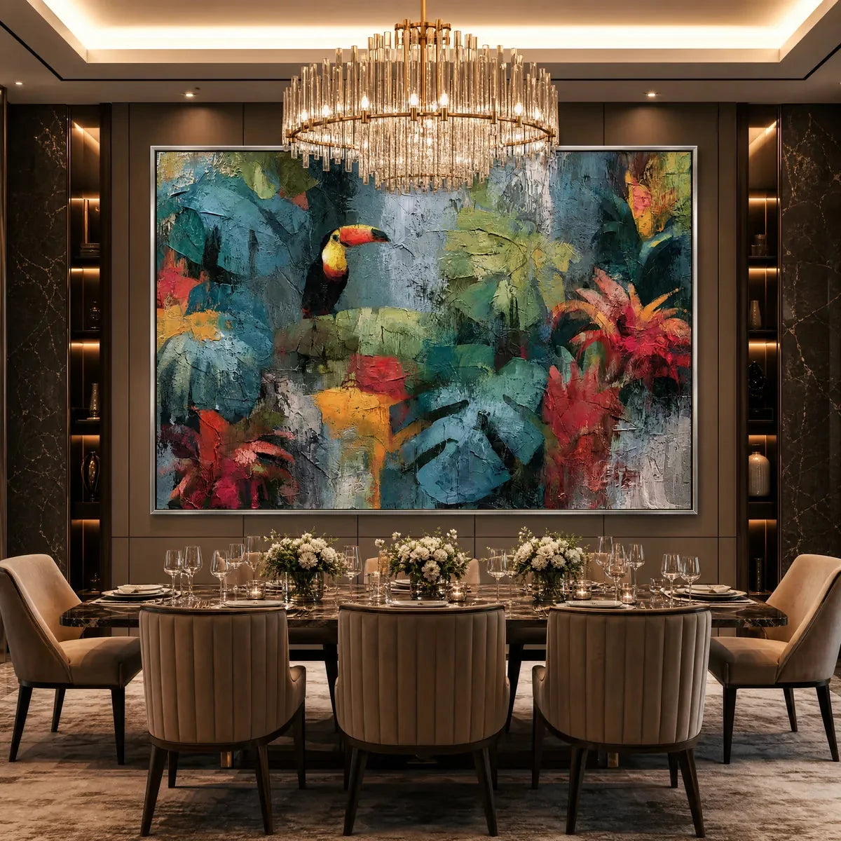 RAINFOREST RHYTHM: Vibrant Textured Toucan & Jungle Painting | Figurative mood, soft natural light studio shot
