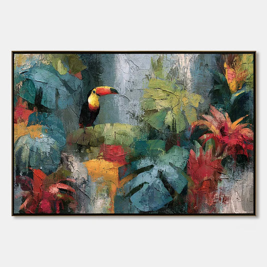 RAINFOREST RHYTHM: Vibrant Textured Toucan & Jungle Painting | hanging in living room, Figurative wall art
