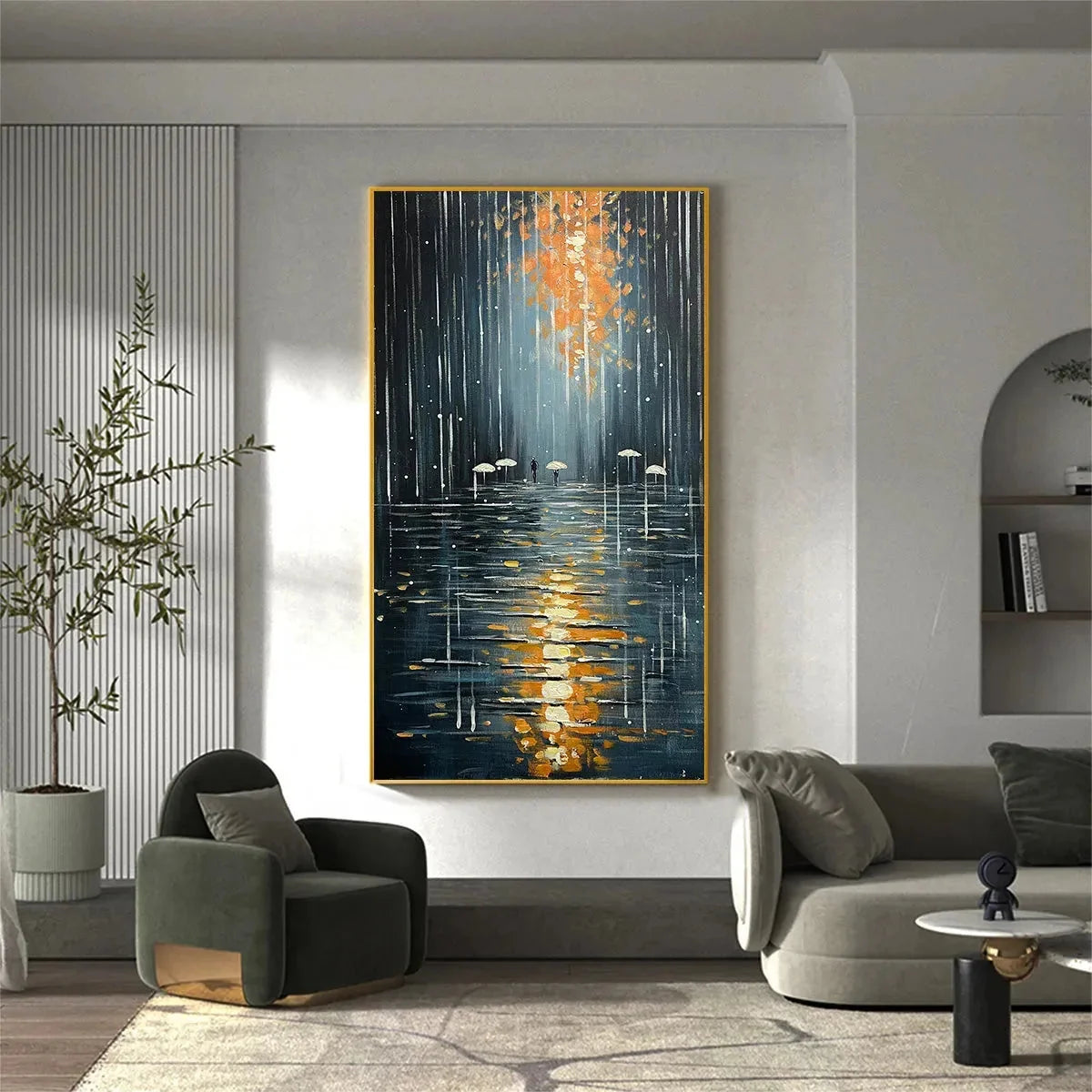 RAINY DAY REFLECTIONS | gold frame stretched on neutral wall