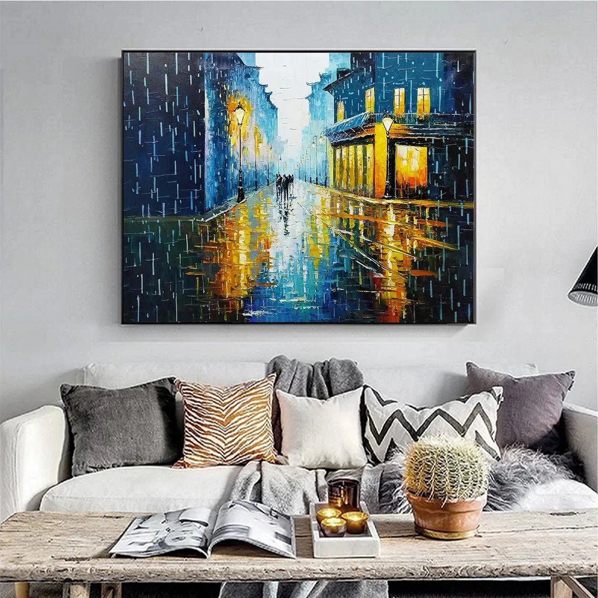 RAINY NIGHT IN PARIS: Textured Cityscape Painting, Rainy Street Scene, Blue, Living Room, Dining Room, Office | Figurative closeup, raised brushwork detail