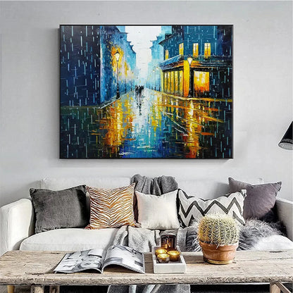 RAINY NIGHT IN PARIS: Textured Cityscape Painting, Rainy Street Scene, Blue, Living Room, Dining Room, Office | Figurative closeup, raised brushwork detail