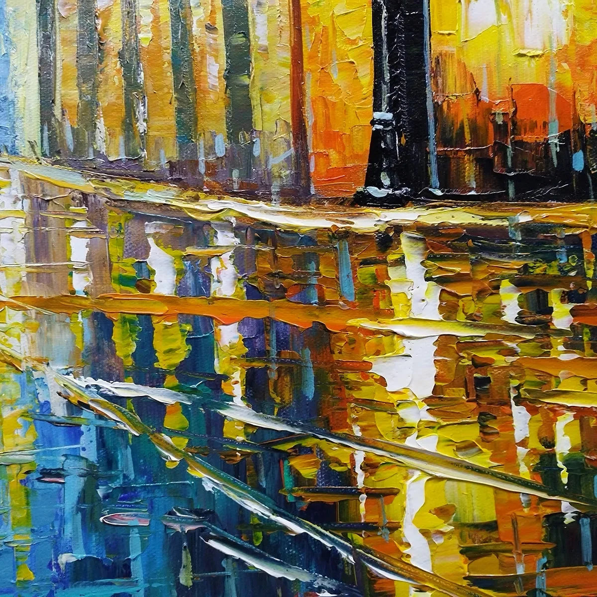 RAINY NIGHT IN PARIS: Textured Cityscape Painting, Rainy Street Scene, Blue, Living Room, Dining Room, Office | rectangular format, hand-painted canvas edge