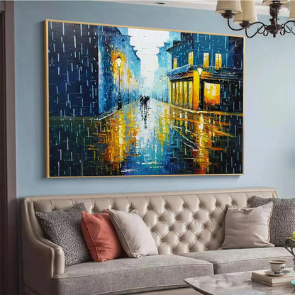 RAINY NIGHT IN PARIS: Textured Cityscape Painting, Rainy Street Scene, Blue, Living Room, Dining Room, Office | gold frame stretched on neutral wall