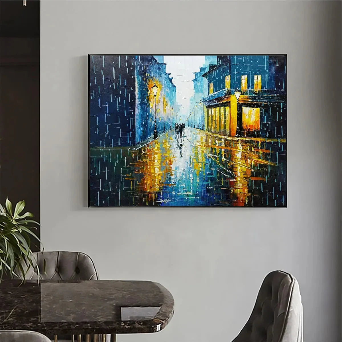 RAINY NIGHT IN PARIS: Textured Cityscape Painting, Rainy Street Scene, Blue, Living Room, Dining Room, Office | rolled canvas, ready for custom framing