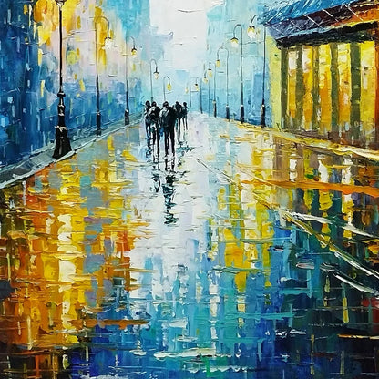 RAINY NIGHT IN PARIS: Textured Cityscape Painting, Rainy Street Scene, Blue, Living Room, Dining Room, Office | black frame version on white wall
