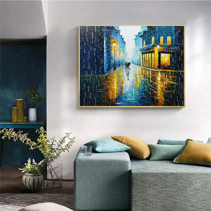 RAINY NIGHT IN PARIS: Textured Cityscape Painting, Rainy Street Scene, Blue, Living Room, Dining Room, Office | Figurative mood, soft natural light studio shot