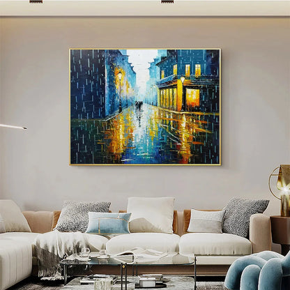 RAINY NIGHT IN PARIS: Textured Cityscape Painting, Rainy Street Scene, Blue, Living Room, Dining Room, Office | yellow palette, original oil on stretched canvas art