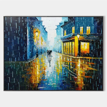 RAINY NIGHT IN PARIS: Textured Cityscape Painting, Rainy Street Scene, Blue, Living Room, Dining Room, Office | hanging in living room, Figurative wall art