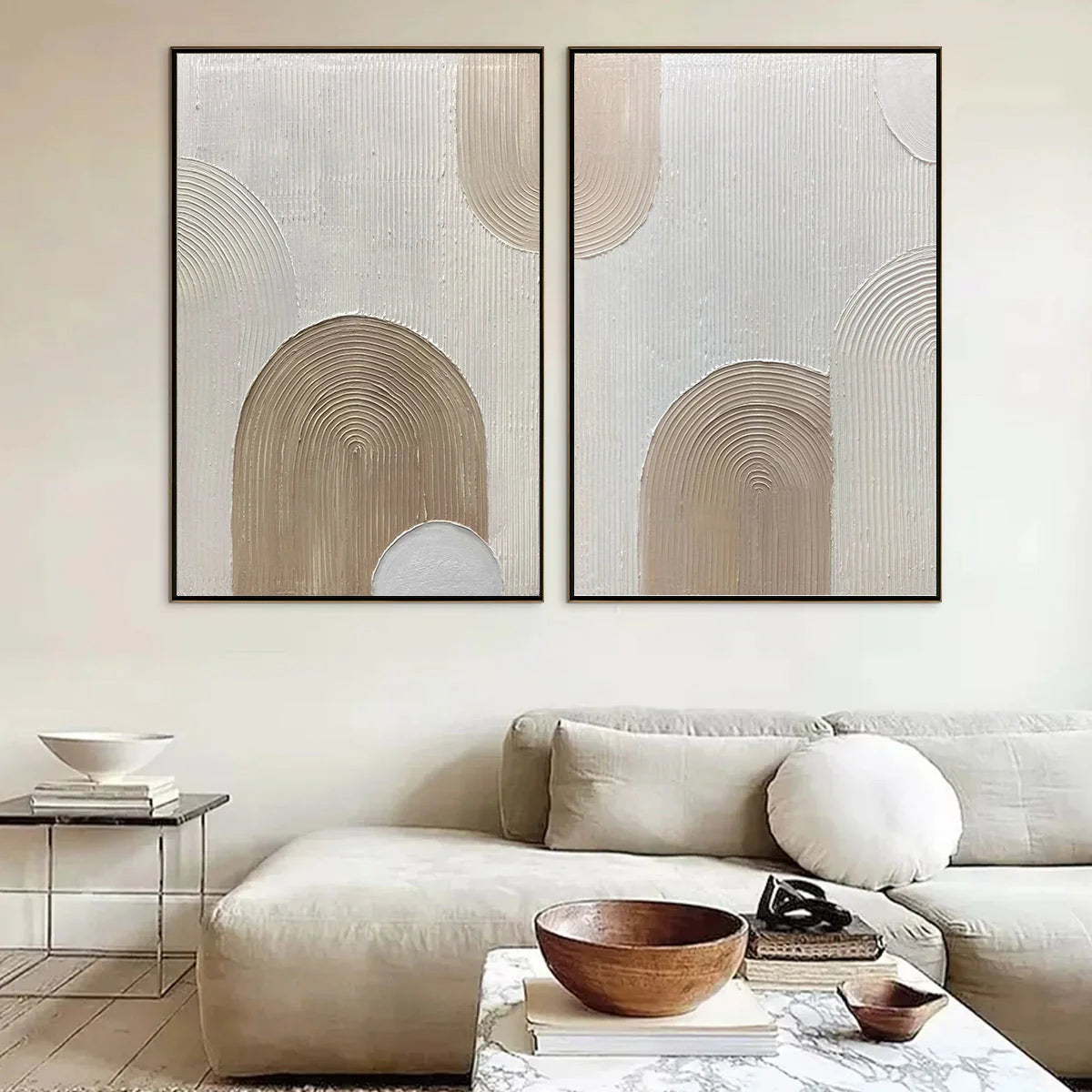 Ready to Ship | Beige Arches Diptych: Vertical Textured Abstract Wall Art Set | Abstract closeup, raised brushwork detail