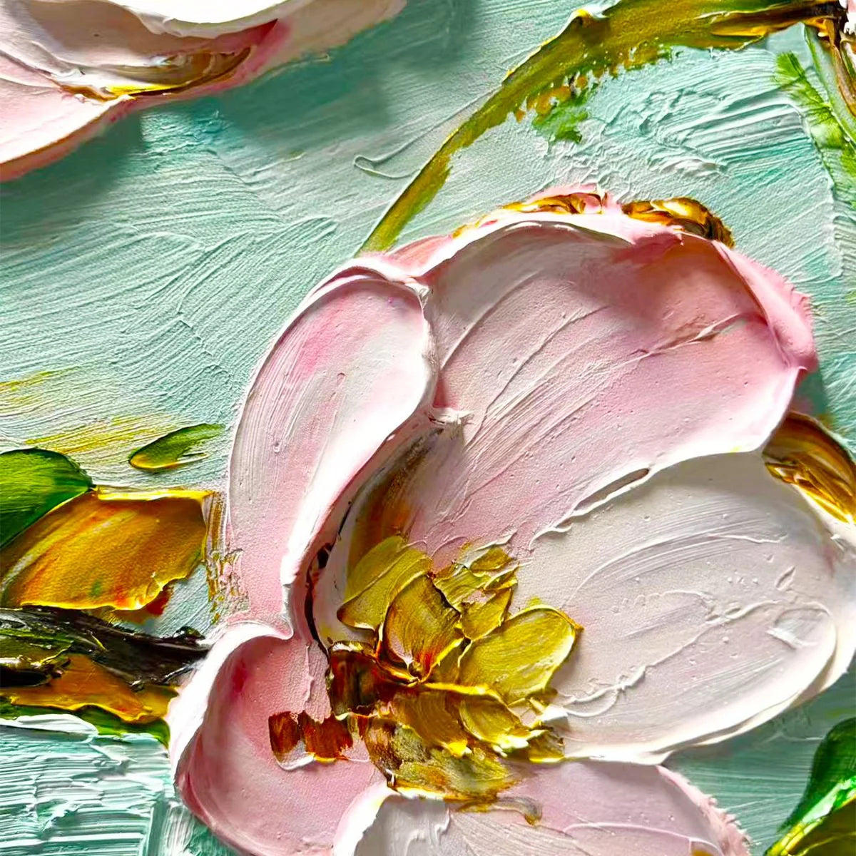Ready to Ship | BLOSSOM SERENADE: Textured Impasto Floral Oil Painting | gold frame stretched on neutral wall