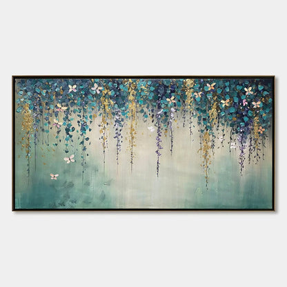 Ready to Ship | CASCADE: Panoramic Floral and Butterfly Oil Painting | rectangular format, hand-painted canvas edge