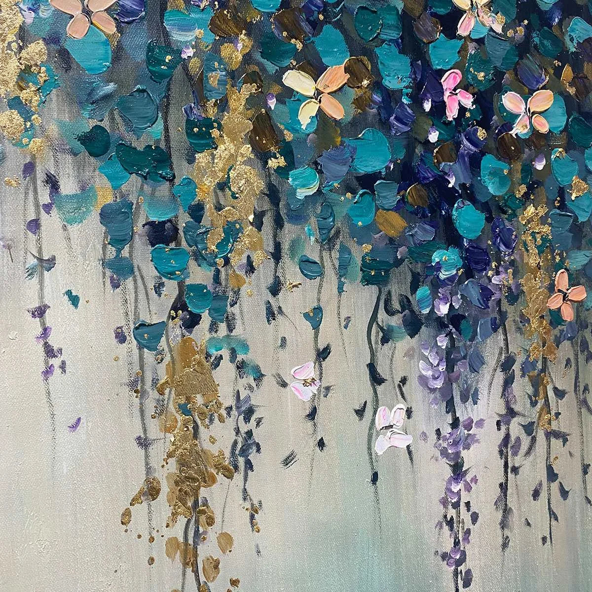 Ready to Ship | CASCADE: Panoramic Floral and Butterfly Oil Painting | gold frame stretched on neutral wall