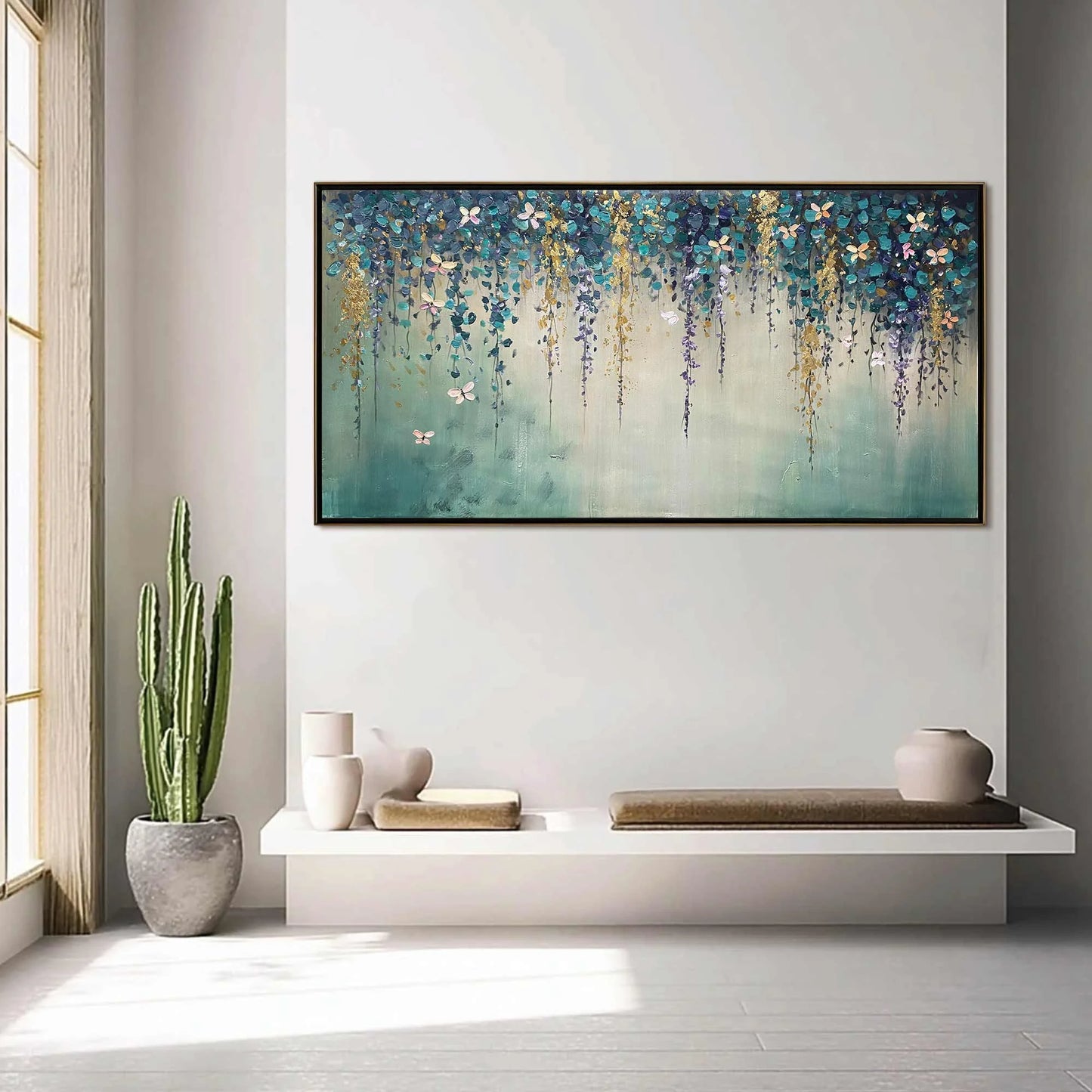 Ready to Ship | CASCADE: Panoramic Floral and Butterfly Oil Painting | hanging in living room, Abstract wall art