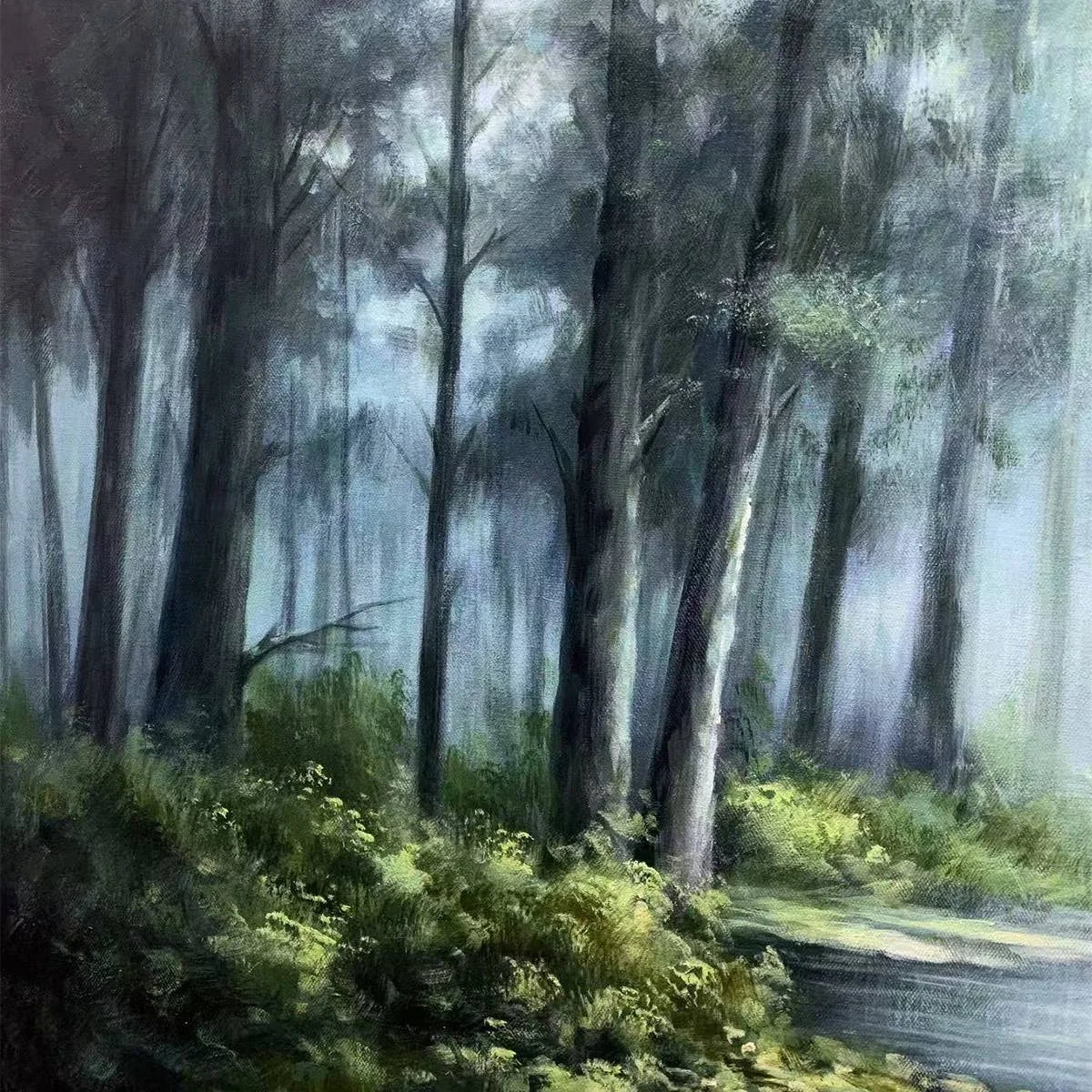 Ready to Ship | FOREST WHISPERS: Panoramic Misty Forest Oil Painting | Figurative closeup, raised brushwork detail
