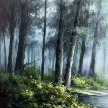Ready to Ship | FOREST WHISPERS: Panoramic Misty Forest Oil Painting | Figurative closeup, raised brushwork detail