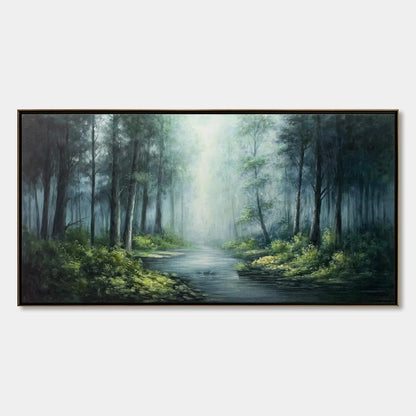 Ready to Ship | FOREST WHISPERS: Panoramic Misty Forest Oil Painting | rectangular format, hand-painted canvas edge