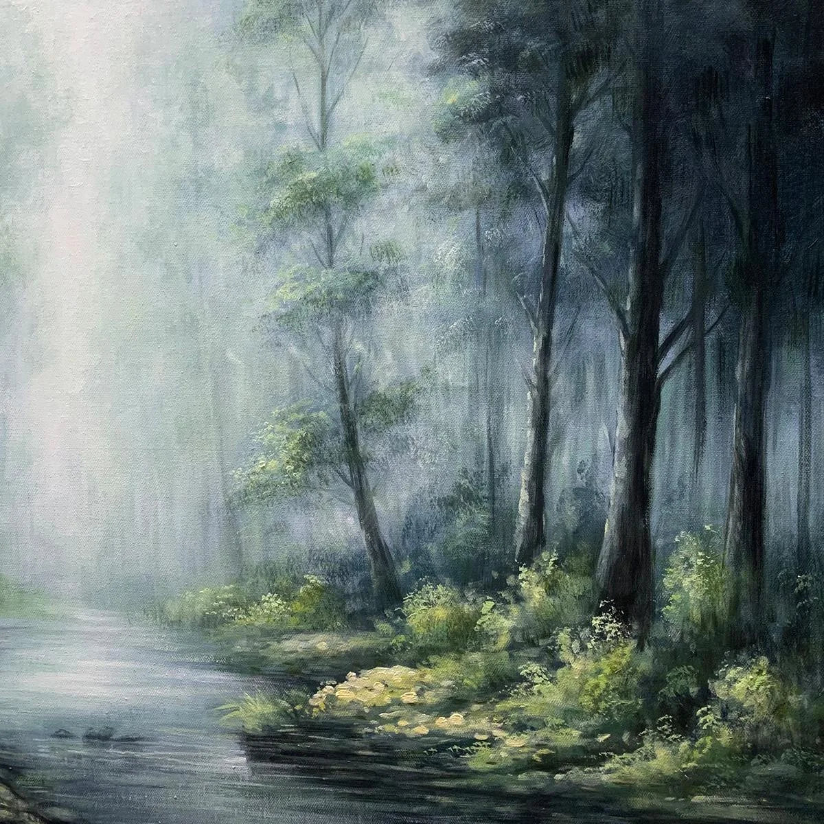 Ready to Ship | FOREST WHISPERS: Panoramic Misty Forest Oil Painting | gold frame stretched on neutral wall