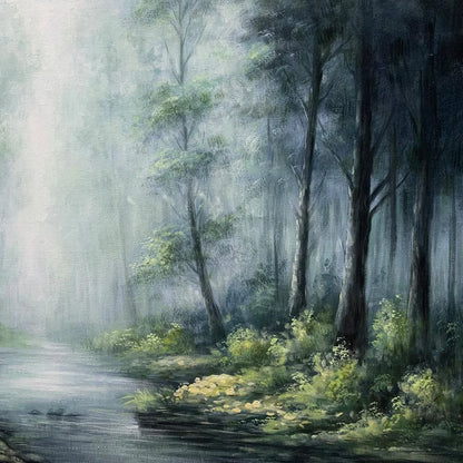 Ready to Ship | FOREST WHISPERS: Panoramic Misty Forest Oil Painting | gold frame stretched on neutral wall