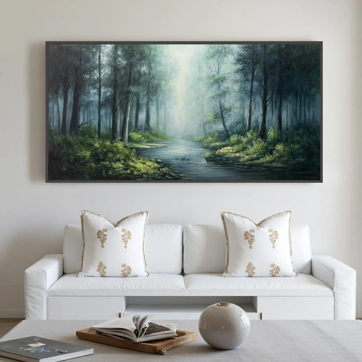 Ready to Ship | FOREST WHISPERS: Panoramic Misty Forest Oil Painting | hanging in living room, Figurative wall art