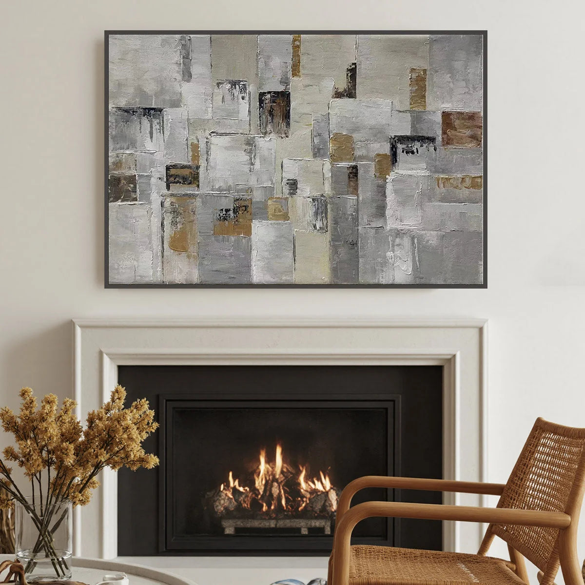 Ready to Ship | Golden Intersection: Abstract Geometric Textured Oil Wall Art | rectangular format, hand-painted canvas edge