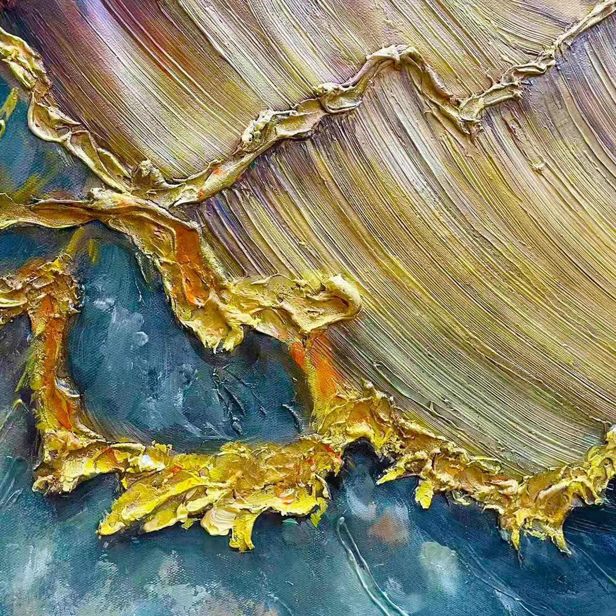 Ready to Ship | Golden Wave Dreams: A Work of Textured Sea Billows | Abstract closeup, raised brushwork detail