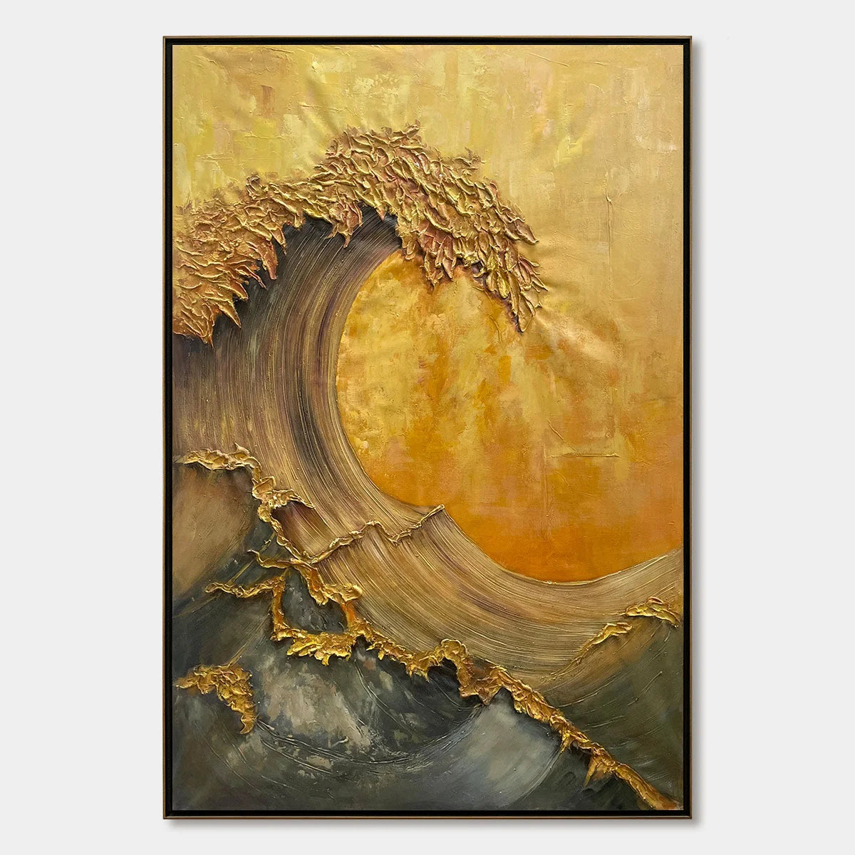 Ready to Ship | Golden Wave Dreams: A Work of Textured Sea Billows | rectangular format, hand-painted canvas edge