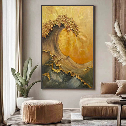 Ready to Ship | Golden Wave Dreams: A Work of Textured Sea Billows | hanging in living room, Abstract wall art