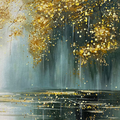 Ready to Ship | Golden Whispers: Textured Gold-Accented Forest Oil Painting | Figurative closeup, raised brushwork detail