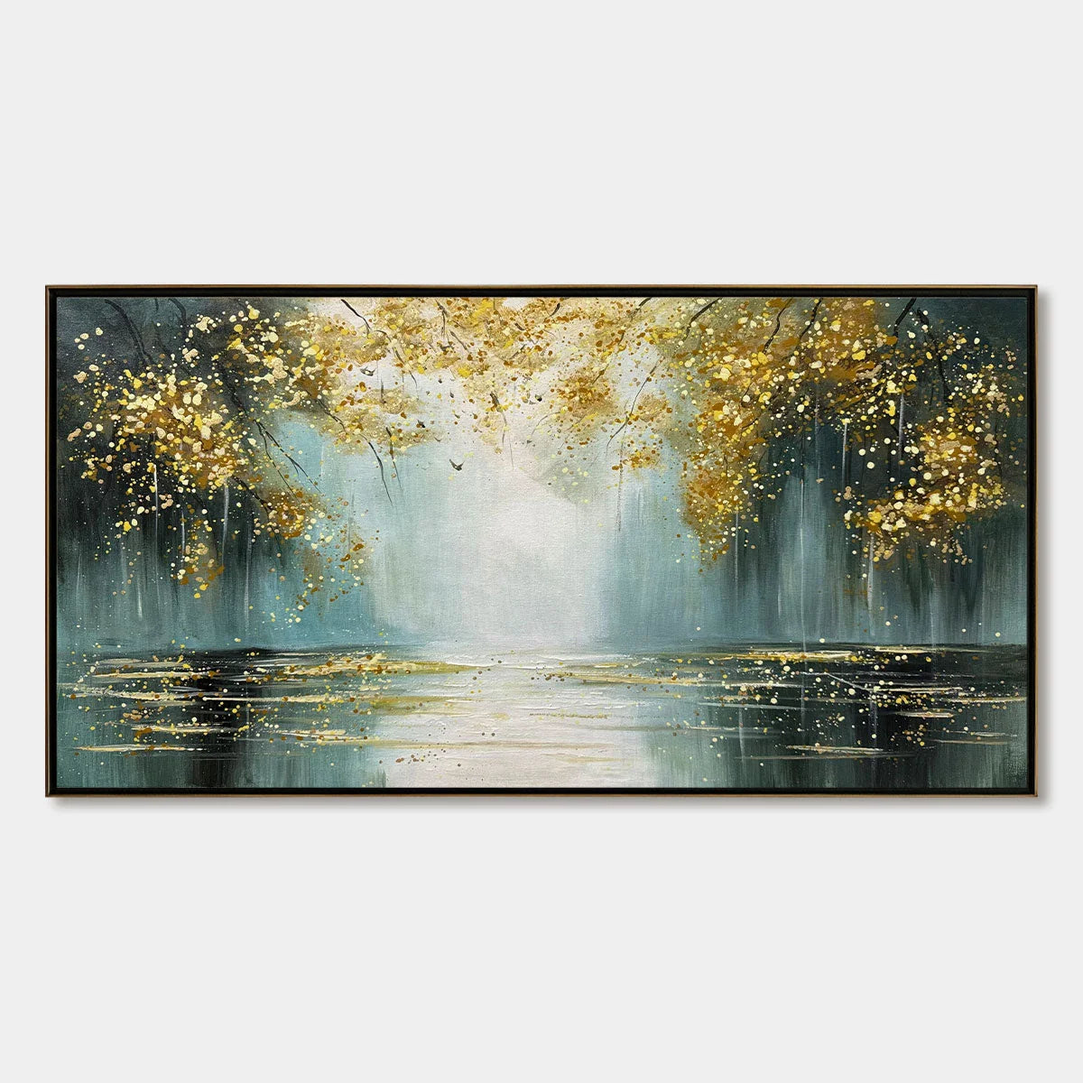 Ready to Ship | Golden Whispers: Textured Gold-Accented Forest Oil Painting | rectangular format, hand-painted canvas edge