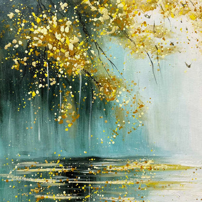 Ready to Ship | Golden Whispers: Textured Gold-Accented Forest Oil Painting | gold frame stretched on neutral wall