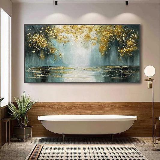 Ready to Ship | Golden Whispers: Textured Gold-Accented Forest Oil Painting | hanging in living room, Figurative wall art