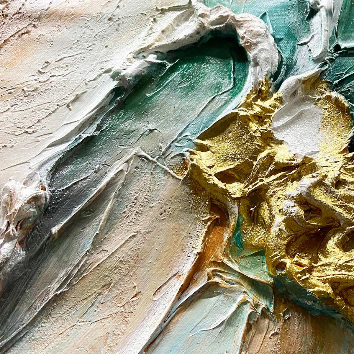 Ready to Ship | Jade Aurora: Abstract Gold-Green Impasto Oil Painting | Figurative closeup, raised brushwork detail