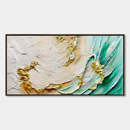 Ready to Ship | Jade Aurora: Abstract Gold-Green Impasto Oil Painting | rectangular format, hand-painted canvas edge