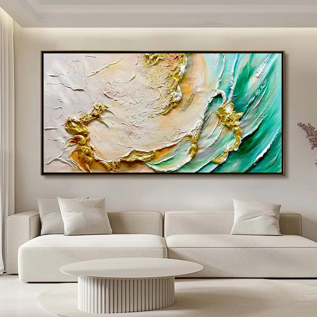 Ready to Ship | Jade Aurora: Abstract Gold-Green Impasto Oil Painting | hanging in living room, Figurative wall art