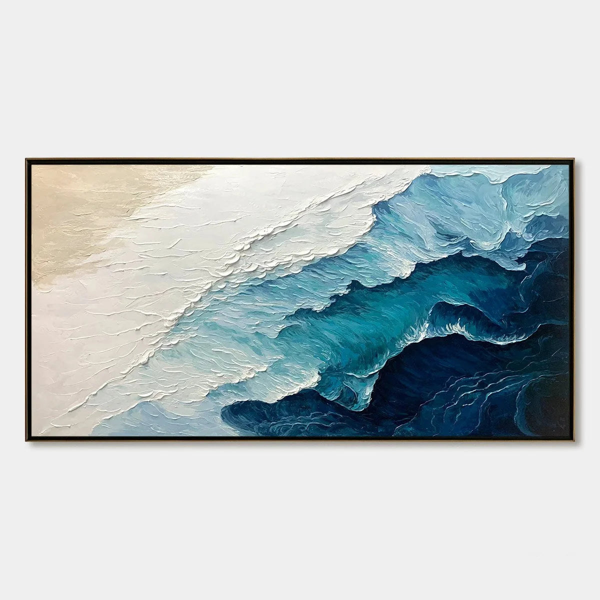 Ready to Ship | Ocean Whispers: Blue-White Textured Seascape Wall Art | rectangular format, hand-painted canvas edge