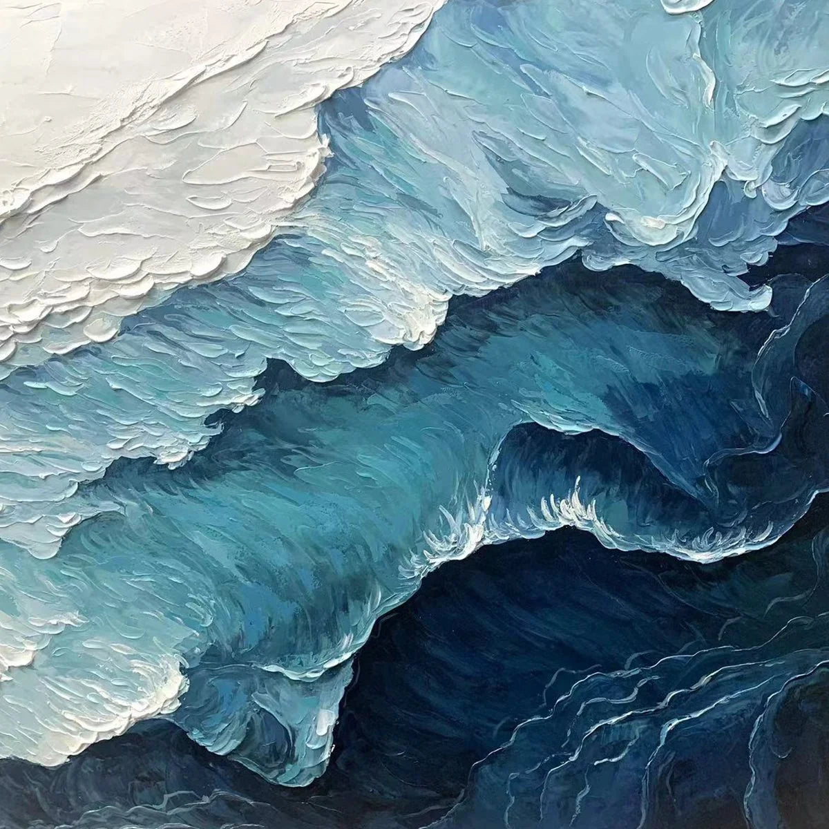 Ready to Ship | Ocean Whispers: Blue-White Textured Seascape Wall Art | gold frame stretched on neutral wall