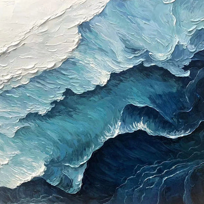 Ready to Ship | Ocean Whispers: Blue-White Textured Seascape Wall Art | gold frame stretched on neutral wall