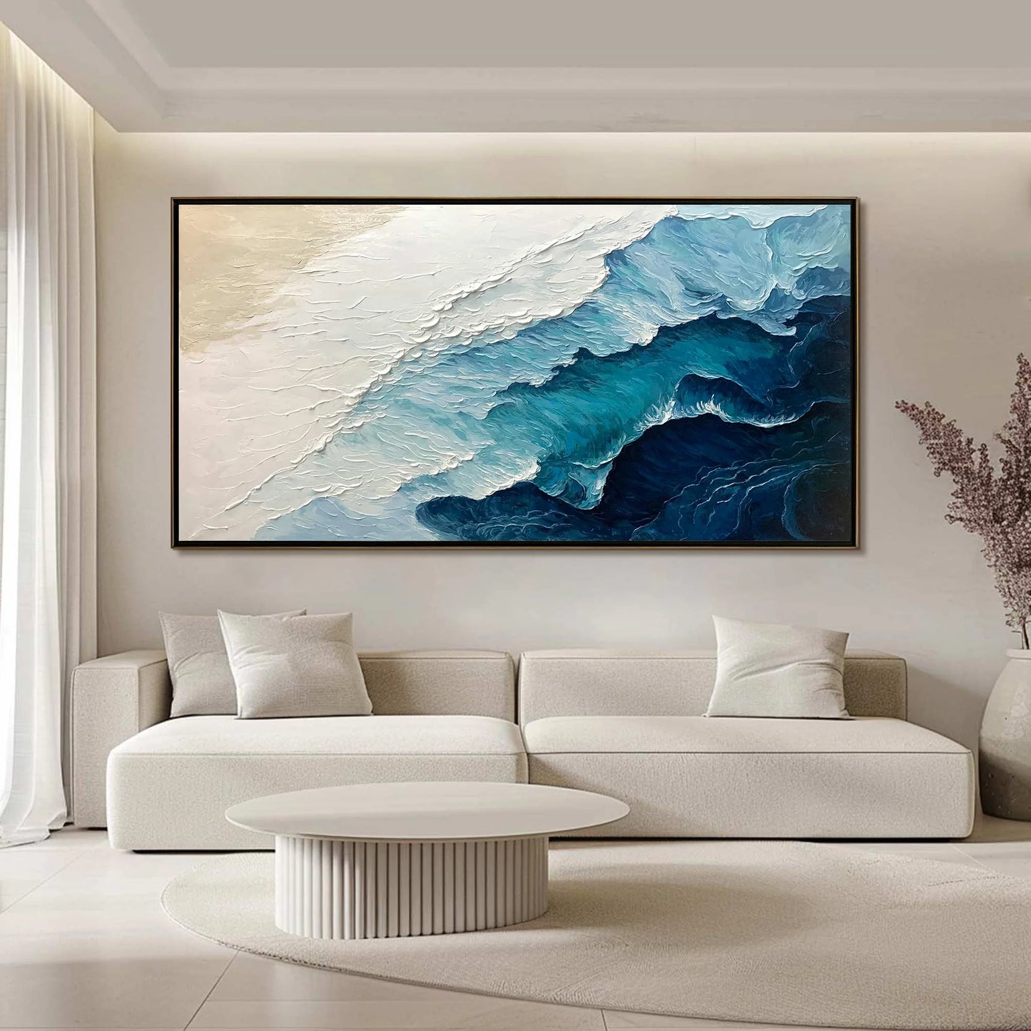 Ready to Ship | Ocean Whispers: Blue-White Textured Seascape Wall Art | hanging in living room, Abstract wall art