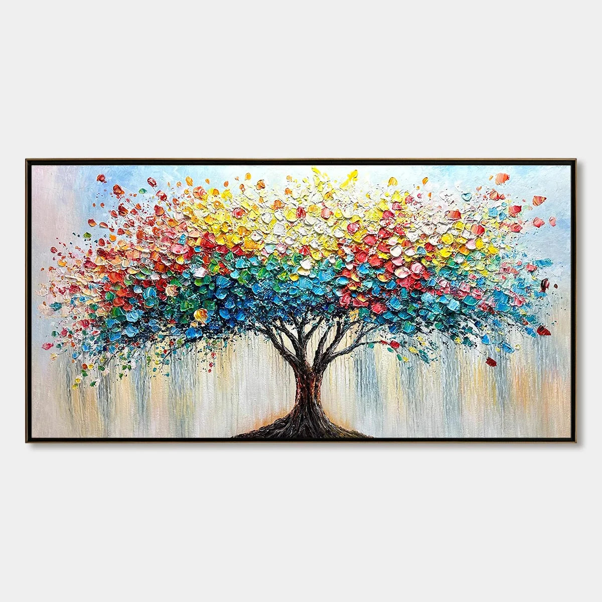 Ready to Ship | RAINBOW BURST: Textured Impasto Tree of Life Oil Painting | rectangular format, hand-painted canvas edge